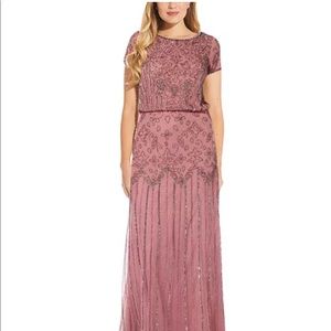 Adrianna Papell Beaded Short-Sleeve Sheer-Overlay sugar poppy Gown